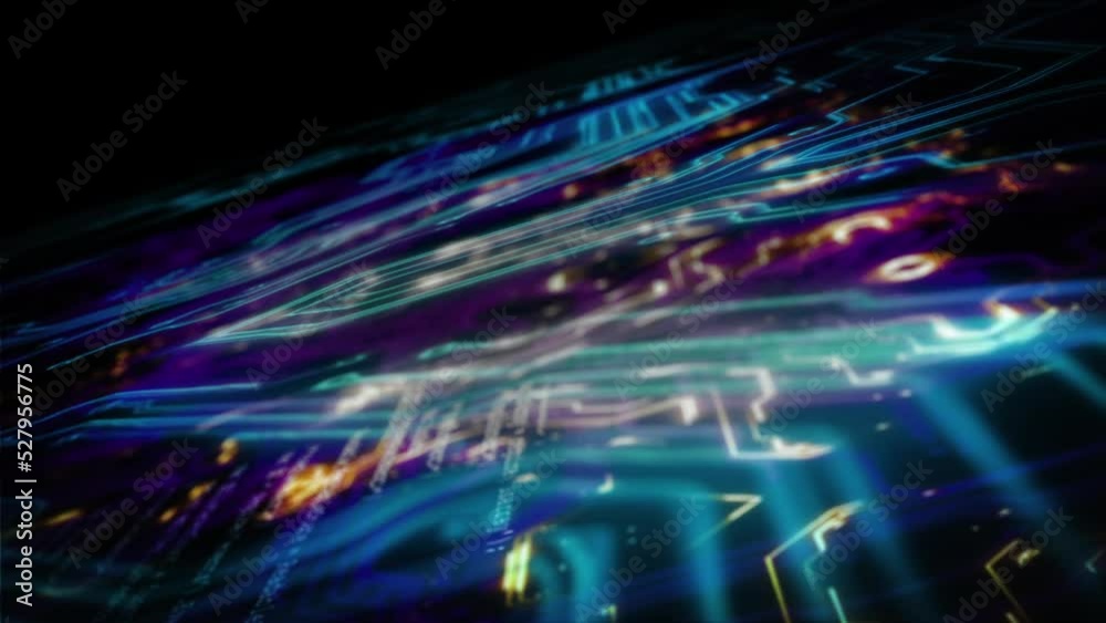 Aufkleber Cyber neon microchip hardware circuit board with a futuristic abstract security computer system. Animation, technology innovation and digital fintech programming with a virtual 3d illustration.
