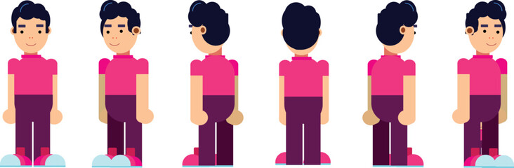 Flat young man in different positions 2D illustration vector. happy boy in standing pose. front, back, 3/4 view animated character, quarter view

