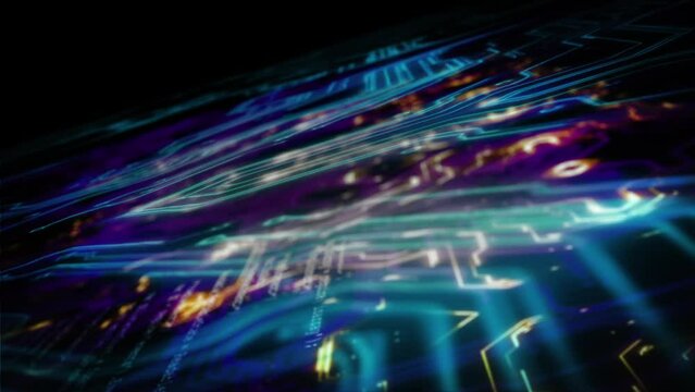 Cyber neon microchip hardware circuit board with a futuristic abstract security computer system. Animation, technology innovation and digital fintech programming with a virtual 3d illustration.