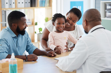 Black family, girl and consulting doctor in hospital, healthcare and medical room with mother,...