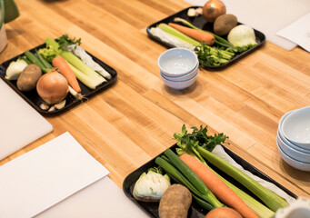 Workstation mise en place at a cooking class