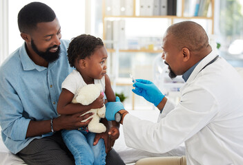 Child doctor, pediatrician vaccine and healthcare facility with a kid patient and father for...