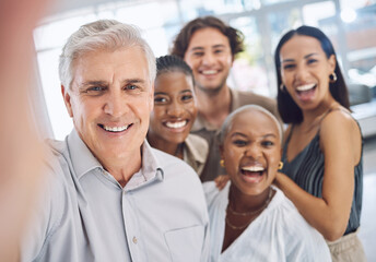 Selfie, diversity and happy business people looking happy together in a startup office. Corporate workplace and employees engagement with teamwork and healthy staff in in a positive work environment