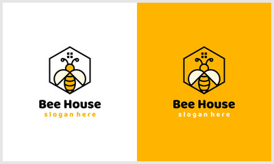 simple honey bee with house or home concept and line art style logo design template