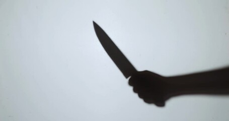 The shadow of a murderer kills his victim with a knife at night.
