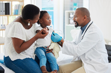 Band aid, covid vaccine and kids with doctor, healthcare employee or medical pediatrician in...