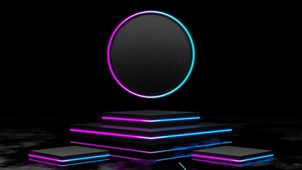 3d rendering modern mockup podium display with neon light, futuristic pedestal blank platform for product showcase, advertising.