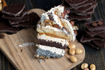 multi-layer cake with different layers, close up