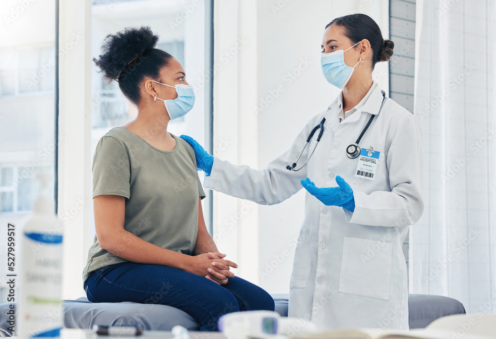 Poster Medical nurse consulting a patient for covid before vaccine while wearing a face mask during pandemic. Healthcare worker with stethoscope discussing the virus injection with a woman in hospital room.