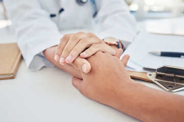 Hands, support and trust with a doctor and patient in the hospital for consulting, healthcare and...