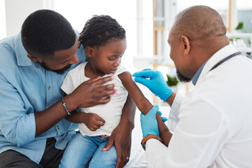 Covid, dengue and medical vaccine of a child with father and kid doctor or pediatrician. Healthcare worker work and help with medicine injection in a family hospital, baby clinic or health facility