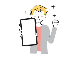 スマホの画面を見せる若い男性　3c