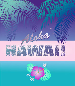 Paradise print t shirt typography design with Aloha Hawaii lettering, coconut palm branches, tropical flowers on neon blue background