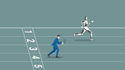 AI vs human battle concept. Businessman and robot run on a racetrack. A faster robot leads a man working on a laptop. Business competition, contest, career position in digital age cyber technology.