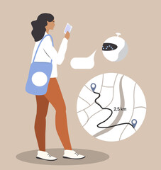 vector illustration in a flat style - a young girl with a smartphone plots a route with the help of an electronic assistant