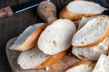 a wheat baguette cut into pieces, close up