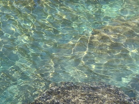 Crystal clear sea water with shiny transparent surface.