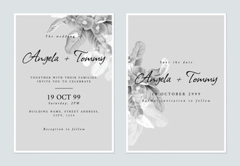 Floral wedding invitation card template design, crown of thorns
 flowers and leaves in black and white