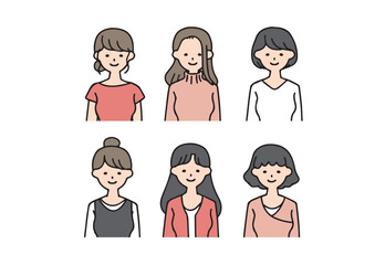 いろいろなカジュアルな服装の女性のシンプルなアイコンセット