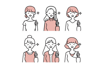 いろいろなカジュアルな服装の女性が嬉しそうにしているアイコンセット