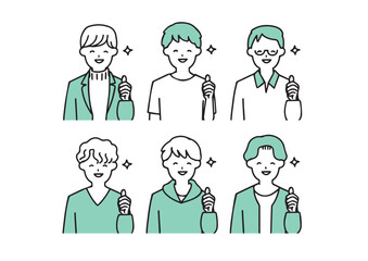 いろいろなカジュアルな服装の男性が嬉しそうにしているアイコンセット