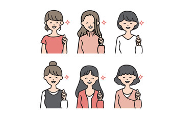 いろいろなカジュアルな服装の女性が嬉しそうにしているアイコンセット