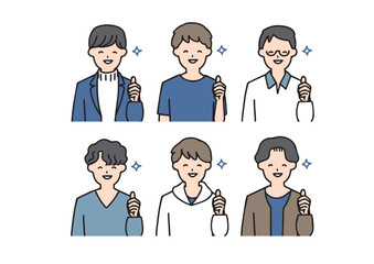 いろいろなカジュアルな服装の男性が嬉しそうにしているアイコンセット