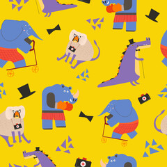 Fototapeta premium Animal seamless pattern, rhino and elephant vector