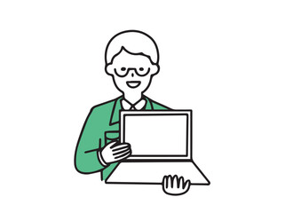 ノートパソコンの画面を見せながら説明をする工務店の男性