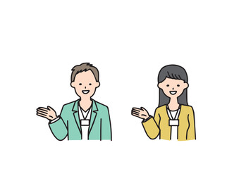 ご案内をしているオフィスカジュアルの男女　シンプルな線