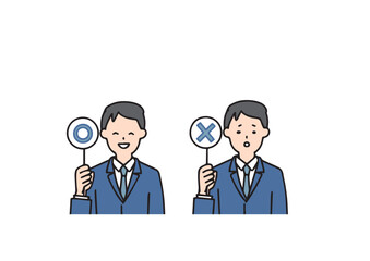 丸とバツの書かれた札を持っているスーツ姿のビジネスマン