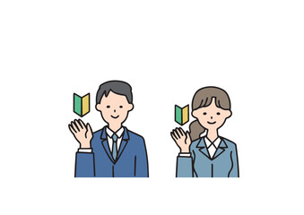 初心者マークを見せているスーツ姿のビジネスマンの男女