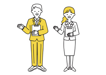 資料を手に持ち説明をしているスーツ姿のビジネスマンの男女のシンプルなイラストセット