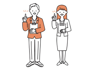 資料を手に説明をしているオフィスカジュアルのビジネスマンの男女のシンプルなイラスト