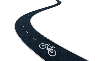 Curve asphalt road isolated on white background, with cycle track and bike sign white dividing. with clipping path