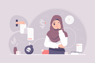 Frustrated hijab girl thinking About Debt