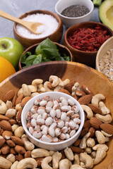 High angle view of various healthy food with ingredient on table, copy space