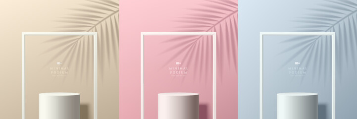 Set of realistic abstract 3d background with cylinder stand podium in beige, blue, pink. Square frames, Palm leaf shadow. Vector geometric forms. Minimal scene. Stage showcase, Mockup product display