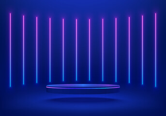 Abstract blue cylinder pedestal podium. Sci-fi blue abstract background with glowing vertical neon lamp lighting. Vector rendering 3d shape, Product display mockup. Futuristic scene. Stage showcase.