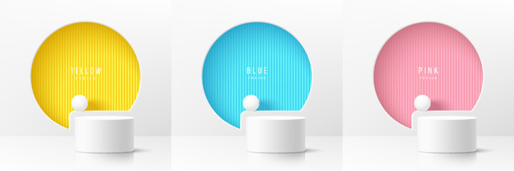 Set of realistic 3d white cylinder pedestal podium with pastel yellow, blue, pink in round circles window background. Abstract vector rendering geometric form. Mockup product display. Minimal scene.
