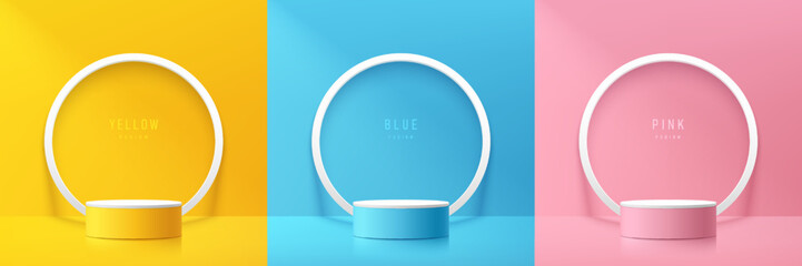 Set of abstract 3D background. Realistic yellow, blue, pink cylinder podium with White round circle frame. Vector rendering geometric form. Mockup product display. Minimal scene. Round stage showcase.