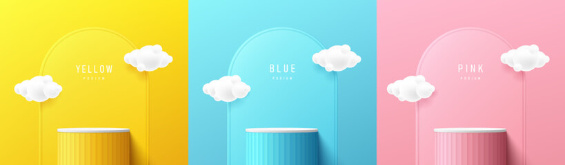 Set of yellow, blue, pink, white realistic 3d cylinder stand podium with arch shape and white clouds background. Abstract vector geometric forms. Minimal scene. Stage showcase, Mockup product display. - obrazy, fototapety, plakaty
