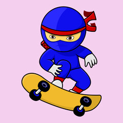 cute character, ninja playing skateboard, suitable for flayer, banner, logo, t-shirt, and other needs