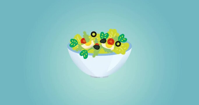 Animation of vegetable salad in bowl icon on blue background