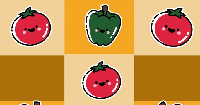Animation of tomato and pepper icons on green background