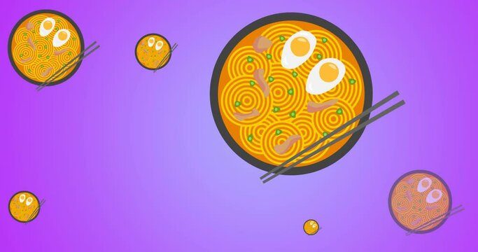 Animation of multiple ramen icons on purple background