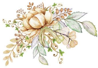 Watercolor gold bouquet with boho watercolor flowers of beige peach roses and leaves. Perfect for a wedding invitation, greeting card. Festive hand painted decoration .
