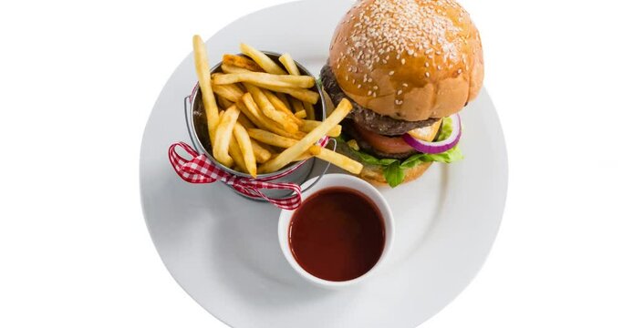 Animation of hamburger and chips over white background