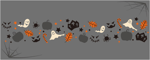 Halloween festival concept decorative banner. Horror, Scary, Funny face, pumpkin, monster and dark night elements pattern on dark gray background. Happy halloween background. Vector illustration.
