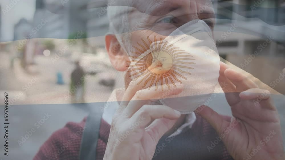 Poster Animation of flag of argentina waving over caucasian man wearing face mask in city street